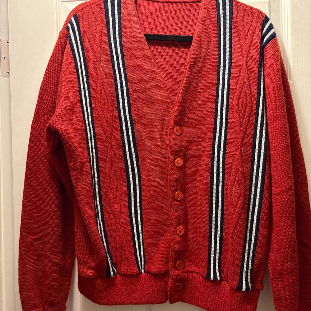 Vintage Red Striped Unisex Cardigan Sweater